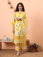 Yufta Yellow And White Floral Kantha Work Straight Kurta Trouser Dupatta Set