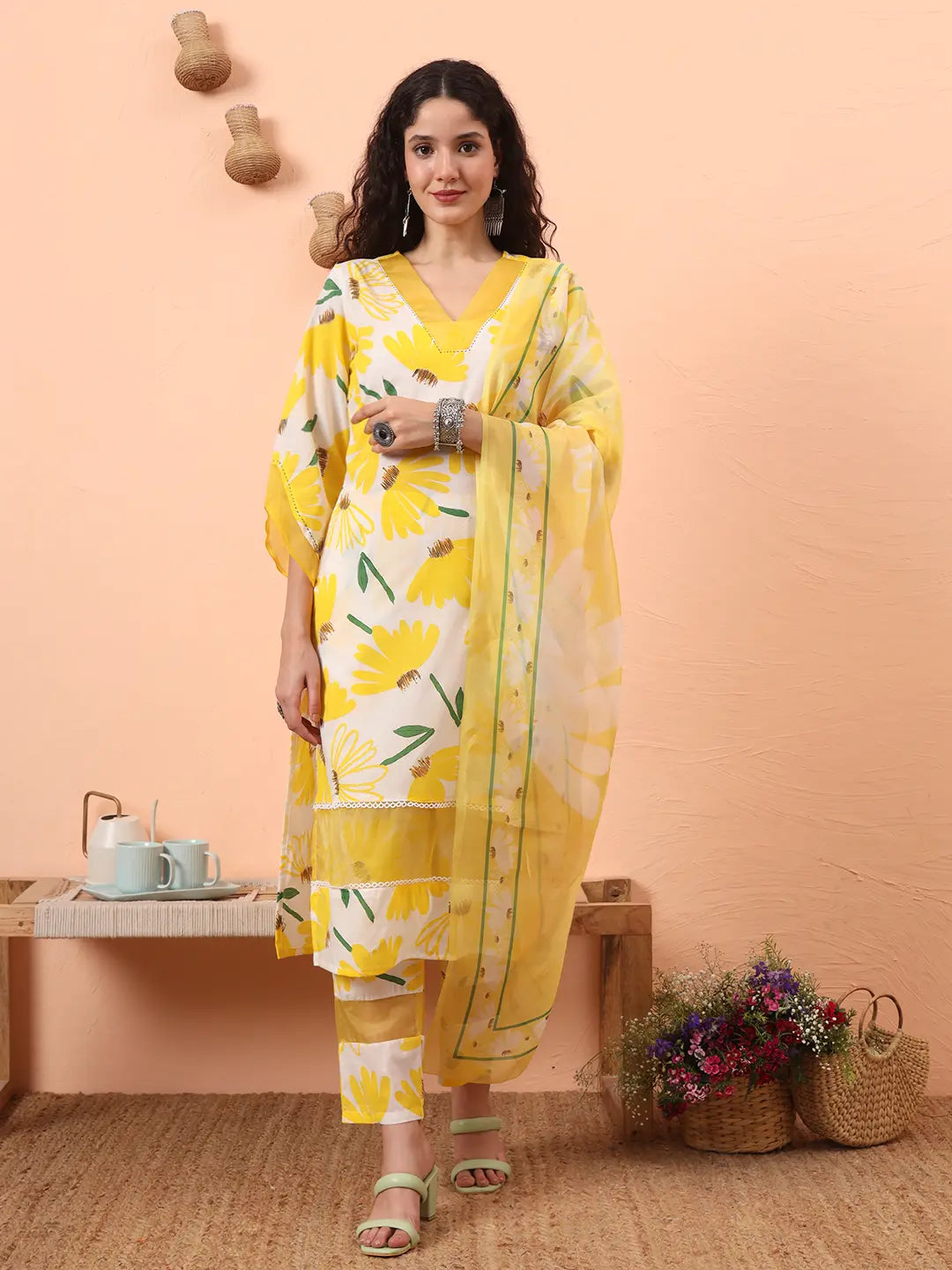 Yufta Yellow And White Floral Kantha Work Straight Kurta Trouser Dupatta Set