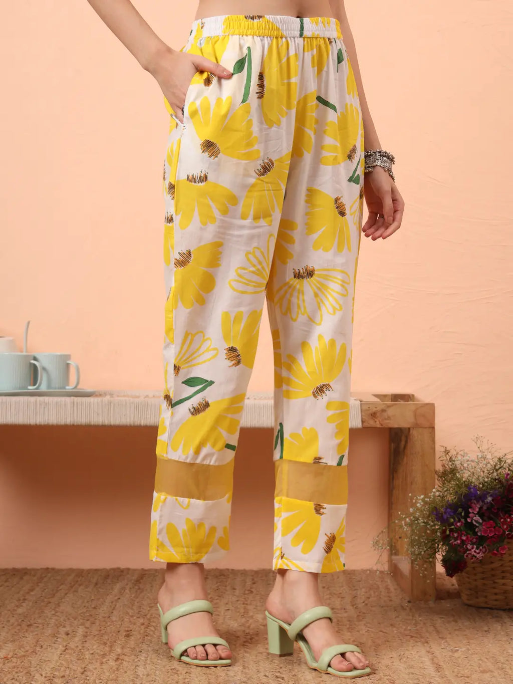 Yufta Yellow And White Floral Kantha Work Straight Kurta Trouser Dupatta Set