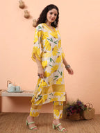 Yufta Yellow And White Floral Kantha Work Straight Kurta Trouser Dupatta Set