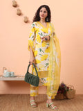 Yufta Yellow And White Floral Kantha Work Straight Kurta Trouser Dupatta Set