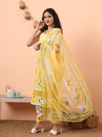 Yufta Yellow And White Floral Straight Kurta Trouser Dupatta Set