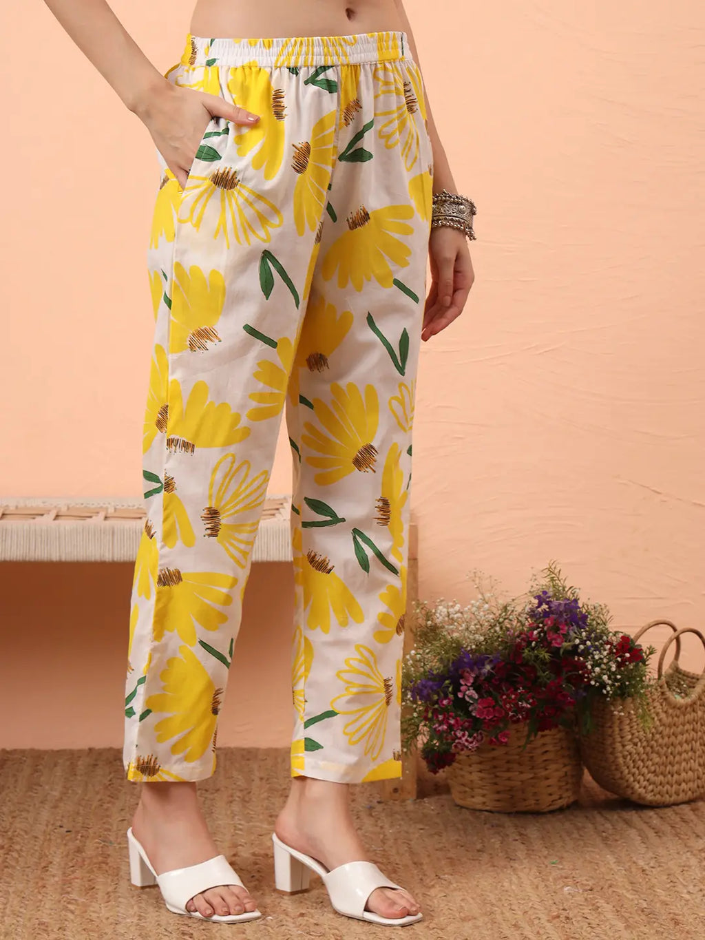 Yufta Yellow And White Floral Straight Kurta Trouser Dupatta Set