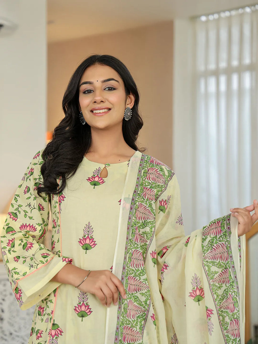 Yufta Yellow Cotton A Line Kurta Dupatta Set