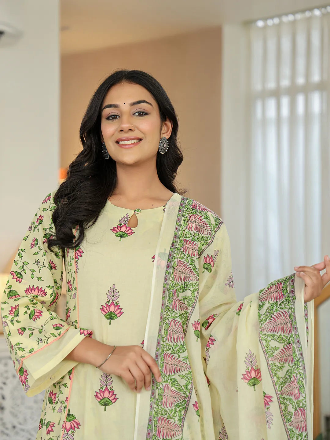 Yufta Yellow Cotton A Line Kurta Dupatta Set