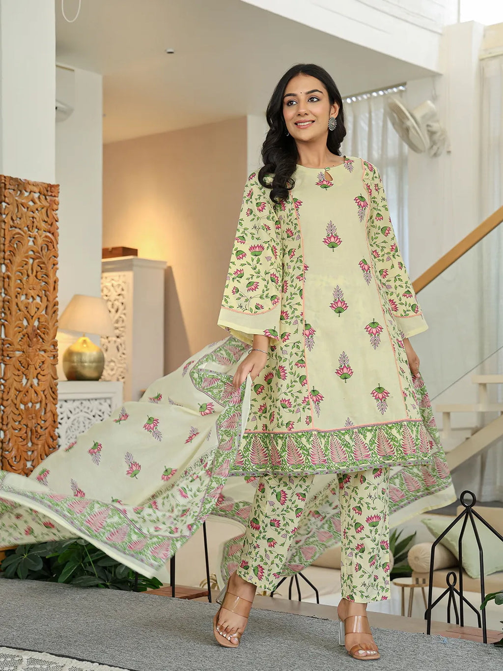 Yufta Yellow Cotton A Line Kurta Dupatta Set