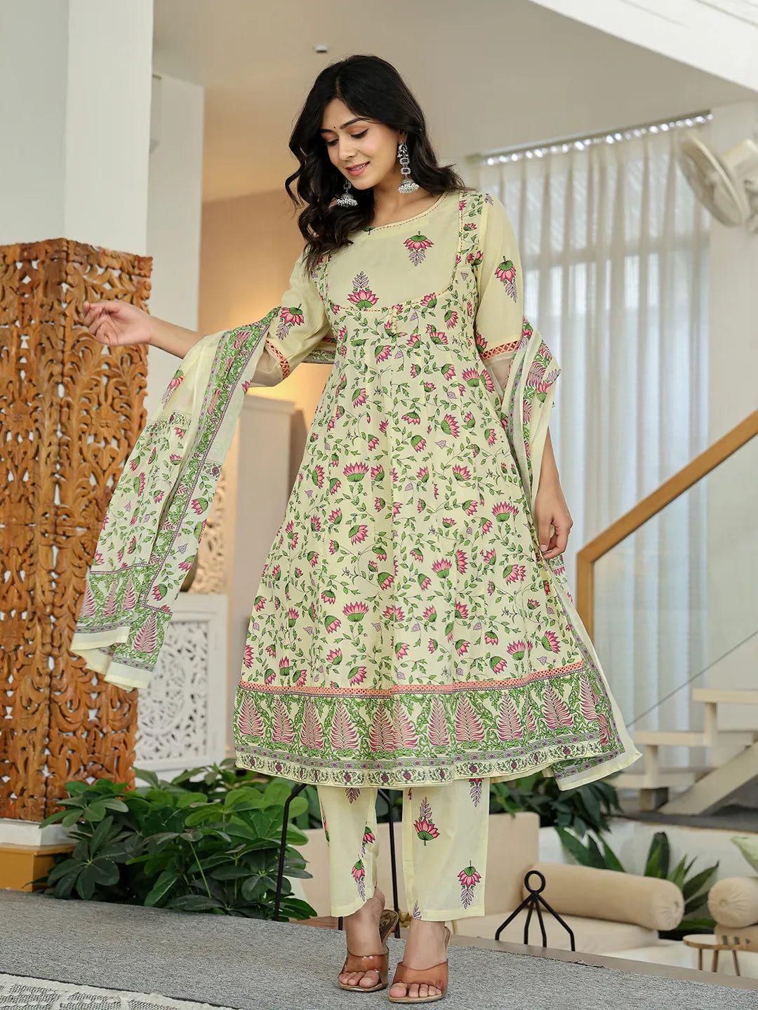 Yufta Yellow Cotton Kalidaar Kurta Dupatta Set