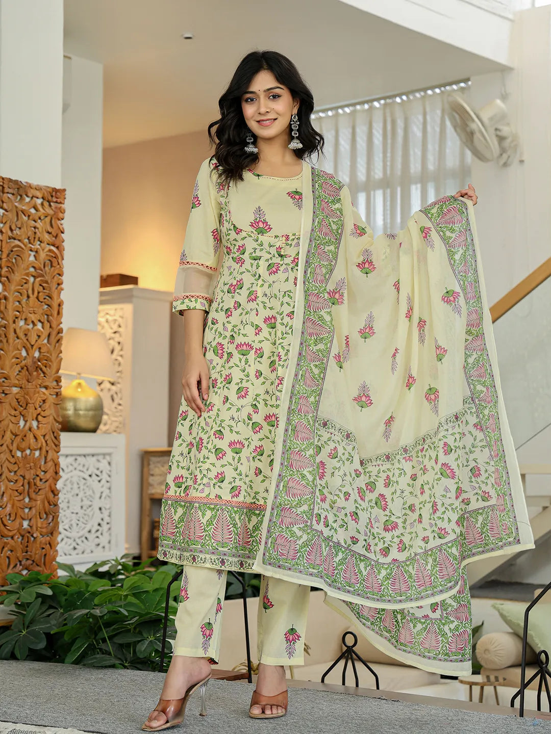 Yufta Yellow Cotton Kalidaar Kurta Dupatta Set