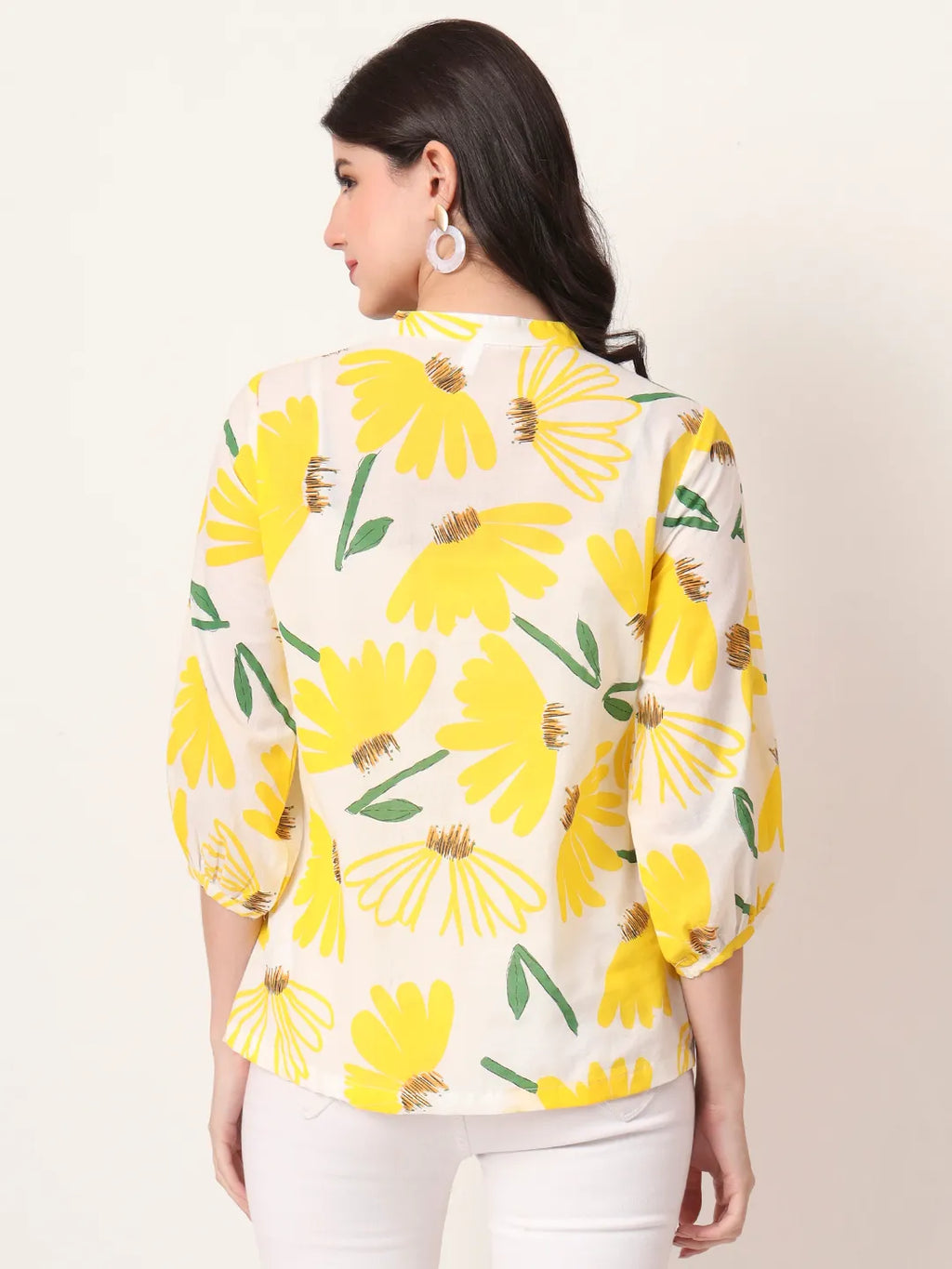 Yufta Yellow Cotton Mandarin Collar Shrit Style Top