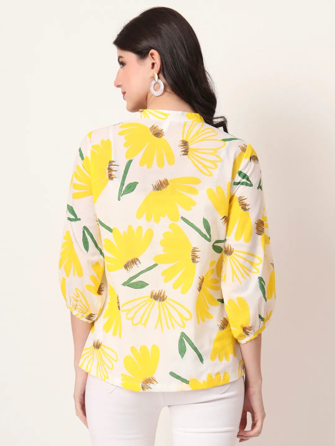 Yufta Yellow Cotton Mandarin Collar Shrit Style Top