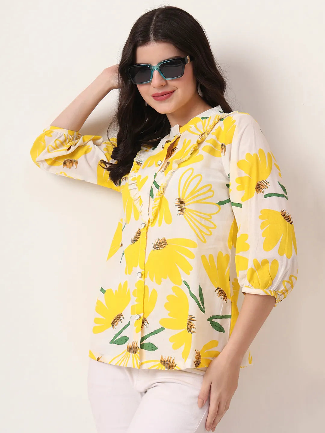 Yufta Yellow Cotton Mandarin Collar Shrit Style Top