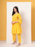 Yufta Yellow Cotton Maternity Gathered Or Pleated Kurta Pants Set