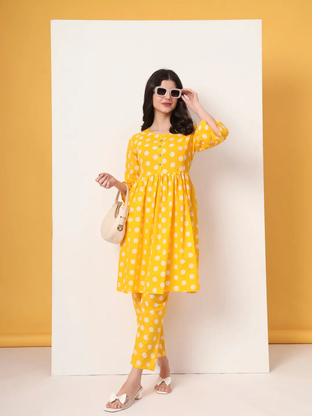 Yufta Yellow Cotton Maternity Gathered Or Pleated Kurta Pants Set