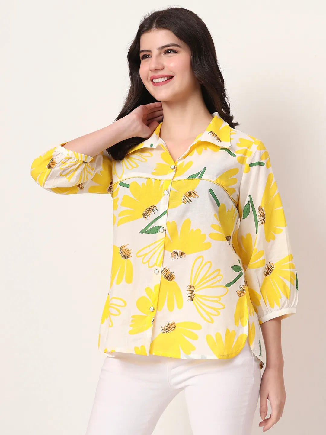 Yufta Yellow Cotton Shirt Collar Shrit Style Top