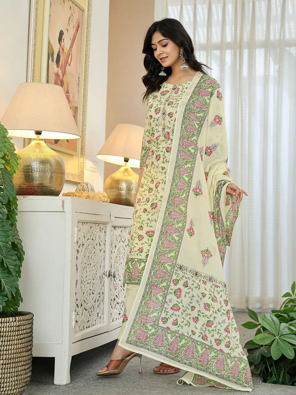 Yufta Yellow Cotton Straight Floral Print Kurta Dupatta Set
