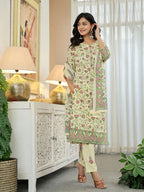 Yufta Yellow Cotton Straight Floral Print Kurta Dupatta Set
