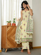 Yufta Yellow Cotton Straight Sleeveless Strappy Kurta Dupatta Set