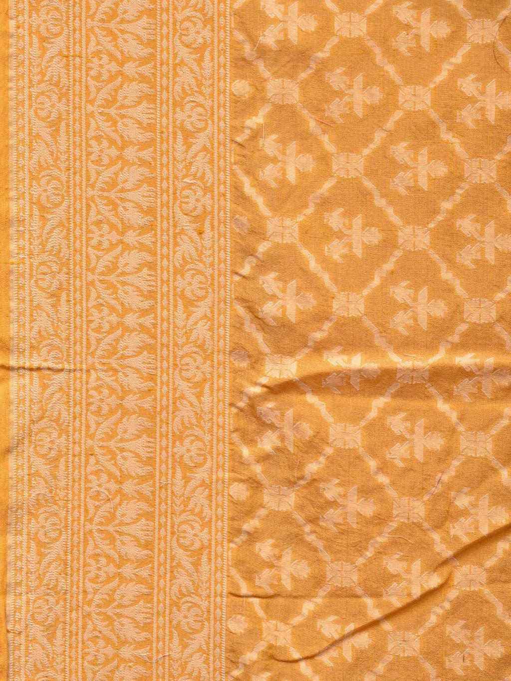 Yellow Cut Work Tussar Cotton Handloom Saree with All Over Jamdani Style Design - Global Threads