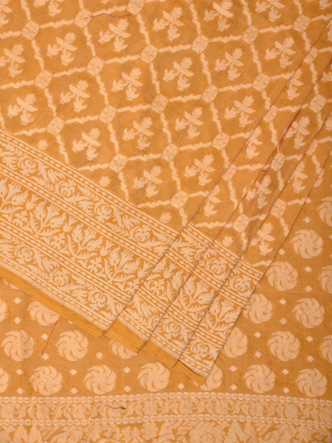 Yellow Cut Work Tussar Cotton Handloom Saree with All Over Jamdani Style Design - Global Threads