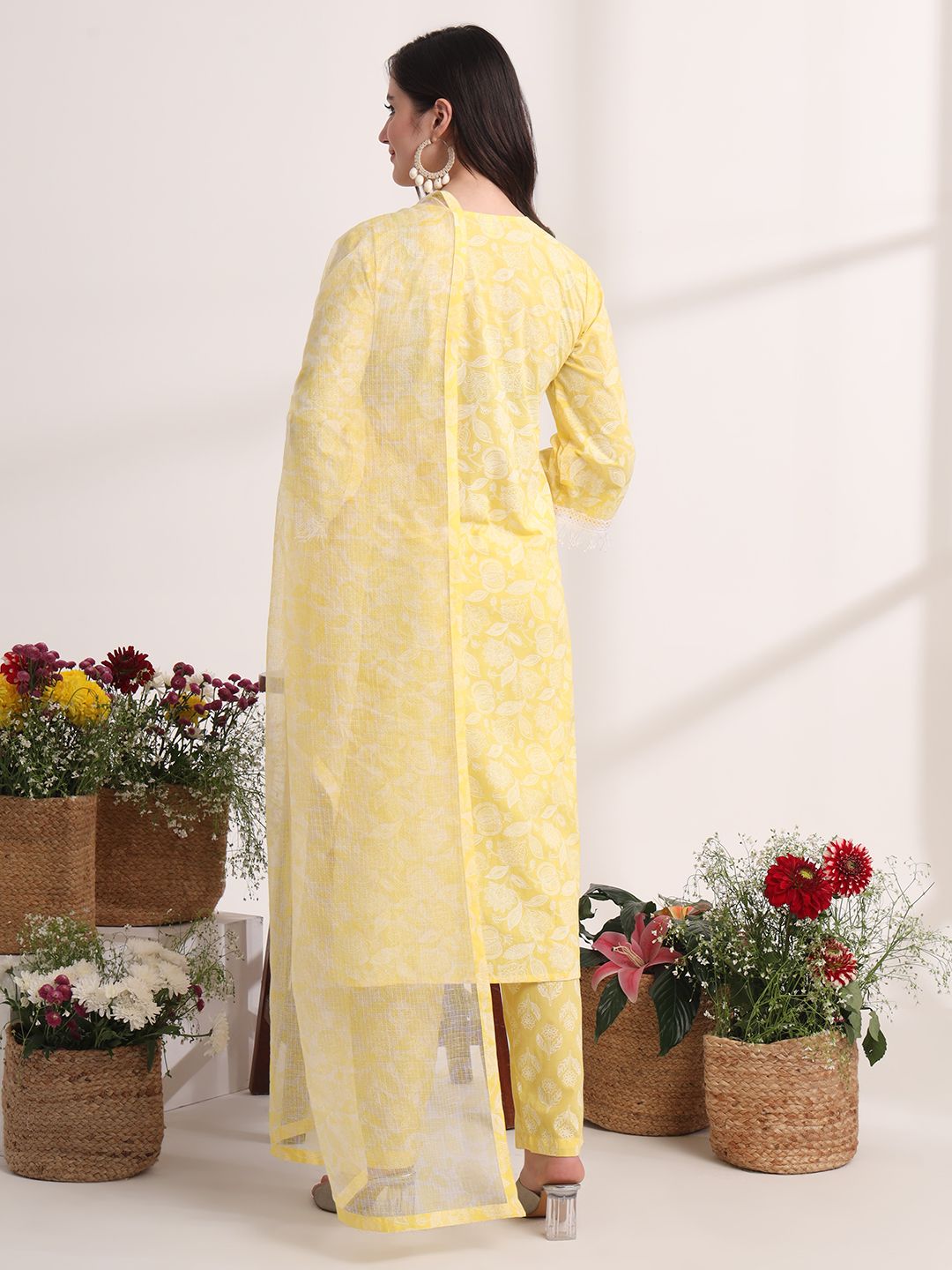 Yufta Yellow Floral Lace Work Straight Kurta Pant Dupatta Set - Distacart