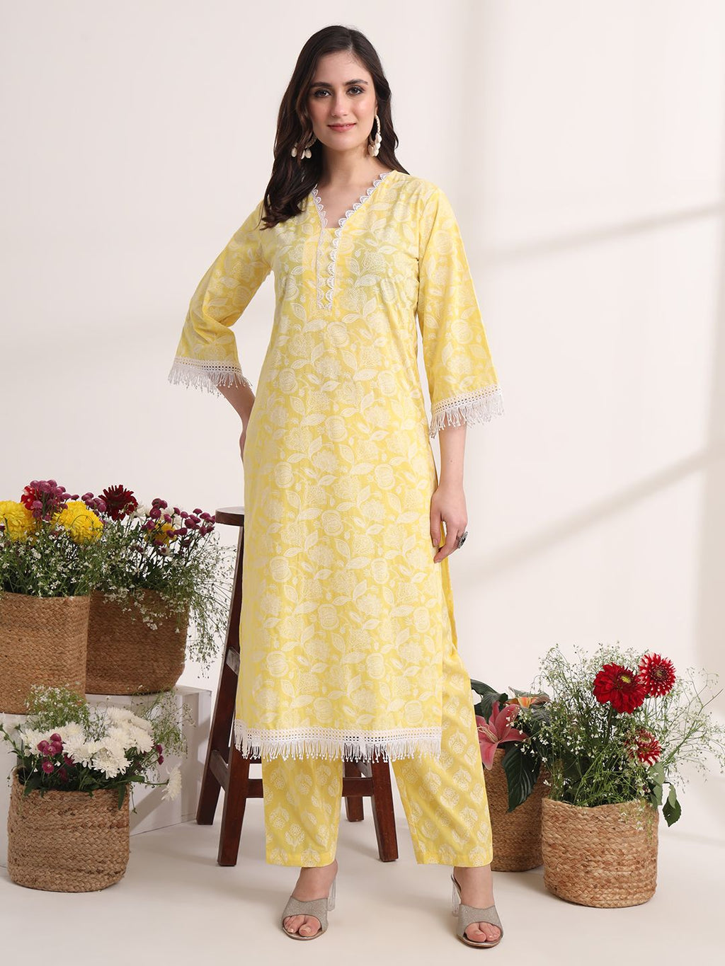 Yufta Yellow Floral Lace Work Straight Kurta Pant Dupatta Set - Distacart