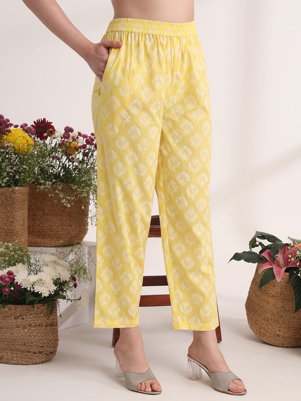 Yufta Yellow Floral Lace Work Straight Kurta Pant Dupatta Set - Distacart