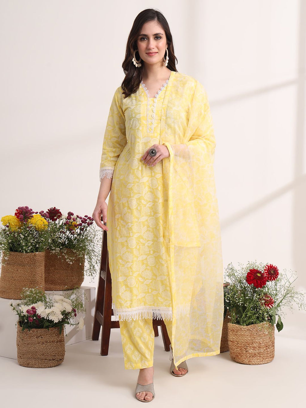 Yufta Yellow Floral Lace Work Straight Kurta Pant Dupatta Set - Distacart