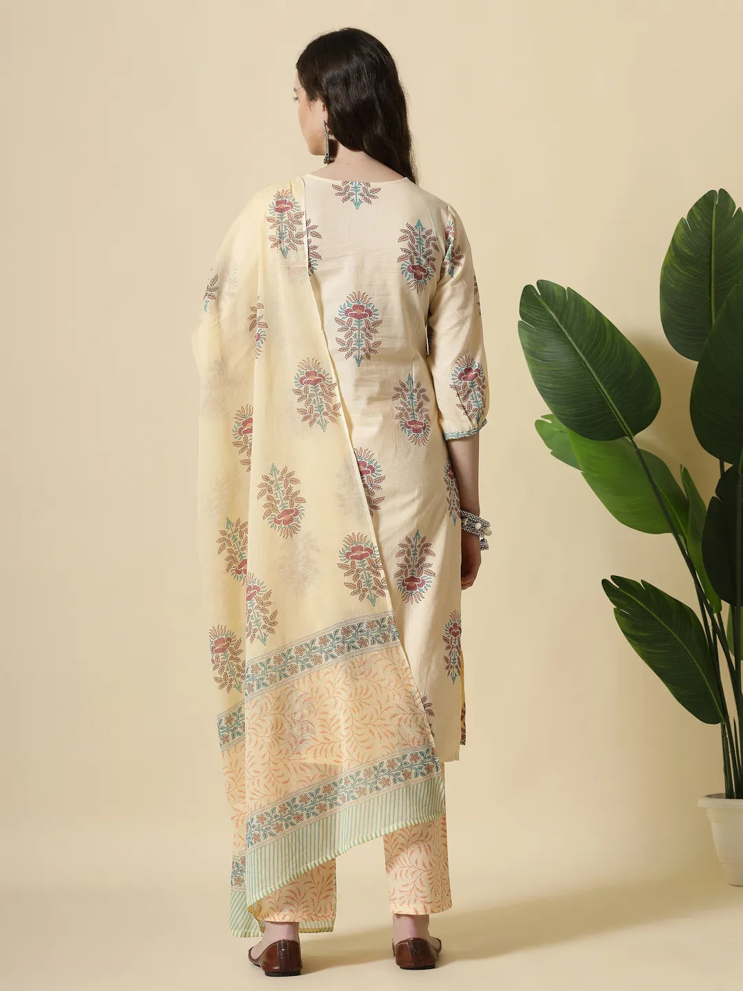 Yufta Yellow Floral Print Cotton Sequins Work Kurta Set With Pant & Dupatta - Distacart