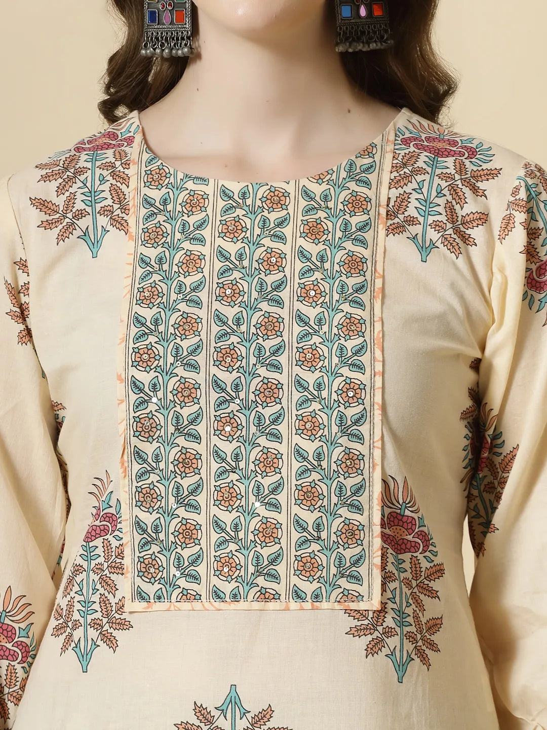 Yufta Yellow Floral Print Cotton Sequins Work Kurta Set With Pant & Dupatta - Distacart