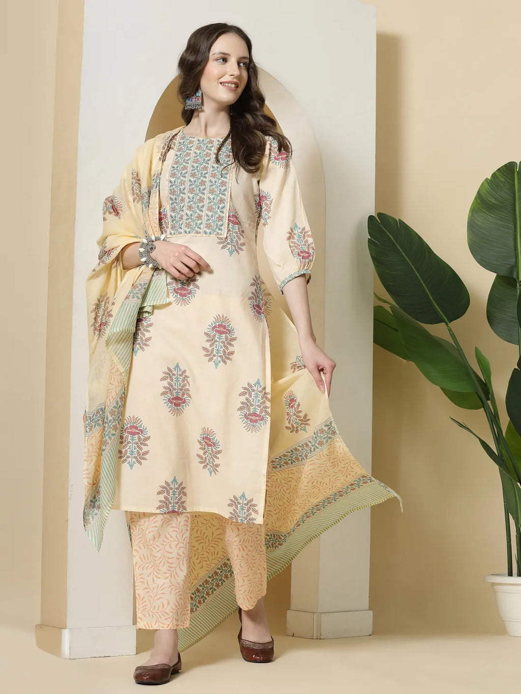 Yufta Yellow Floral Print Cotton Sequins Work Kurta Set With Pant & Dupatta - Distacart