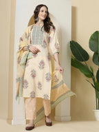 Yufta Yellow Floral Print Cotton Sequins Work Kurta Set With Pant & Dupatta - Distacart
