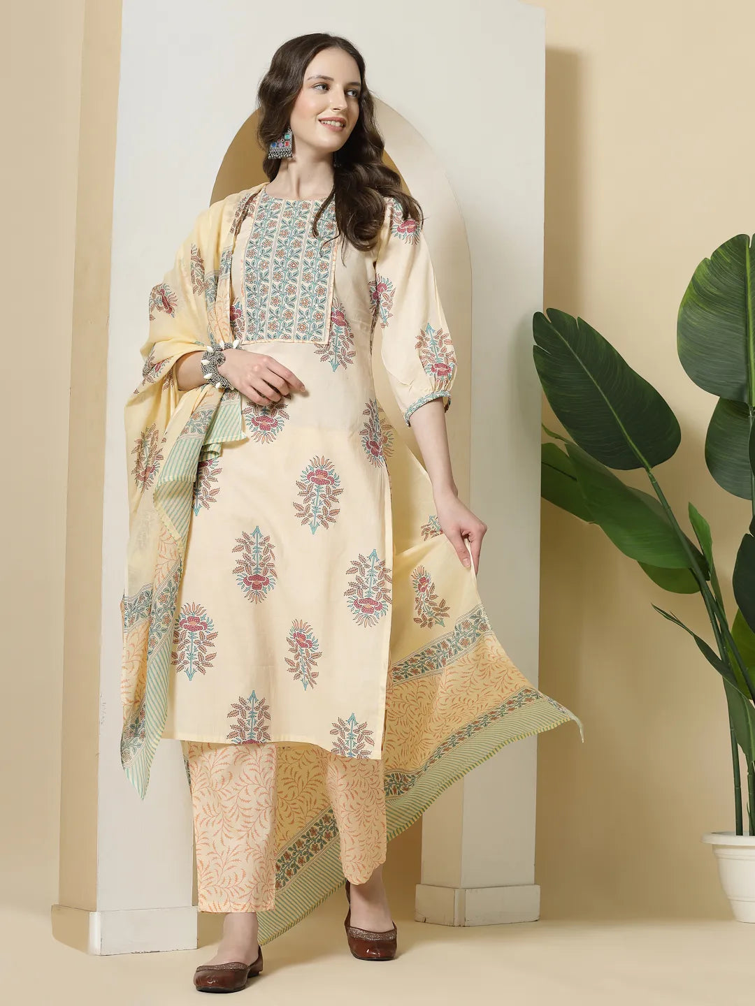 Yufta Yellow Floral Print Cotton Sequins Work Kurta Set With Pant & Dupatta - Distacart