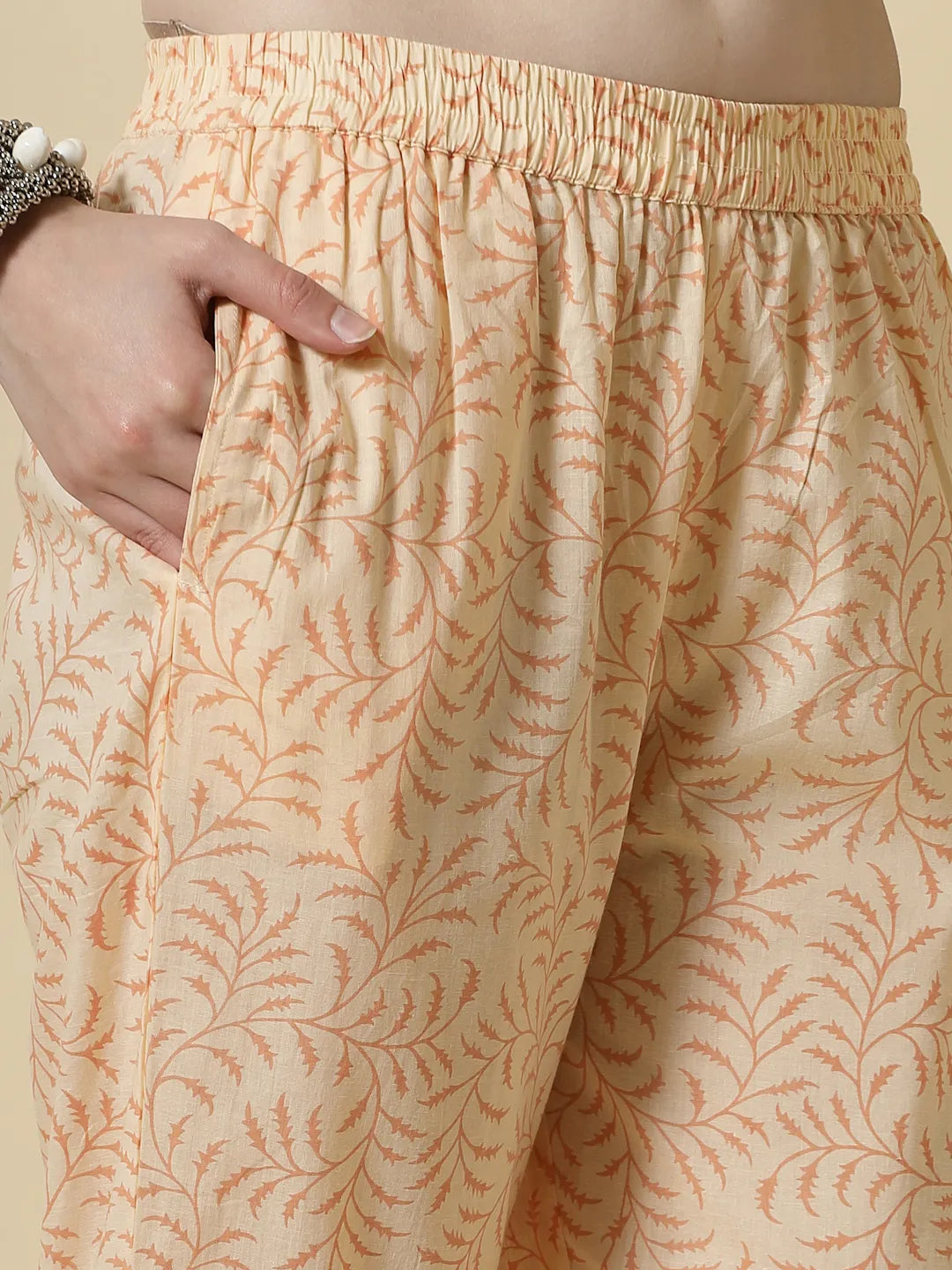 Yufta Yellow Floral Print Cotton Sequins Work Kurta Set With Pant & Dupatta - Distacart