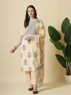 Yufta Yellow Floral Print Cotton Sequins Work Kurta Set With Pant & Dupatta - Distacart
