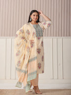 Yufta Yellow Floral Print Cotton Sequins Work Plus Size Kurta Set With Pant & Dupatta - Distacart