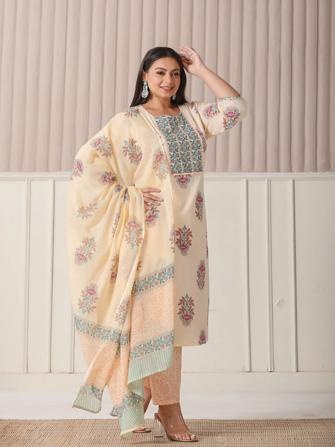 Yufta Yellow Floral Print Cotton Sequins Work Plus Size Kurta Set With Pant & Dupatta - Distacart