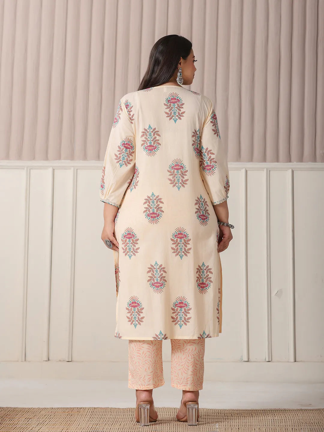 Yufta Yellow Floral Print Cotton Sequins Work Plus Size Kurta Set With Pant & Dupatta - Distacart