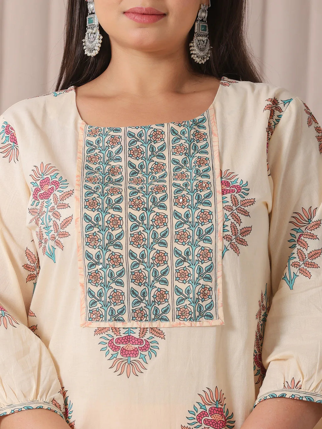 Yufta Yellow Floral Print Cotton Sequins Work Plus Size Kurta Set With Pant & Dupatta - Distacart