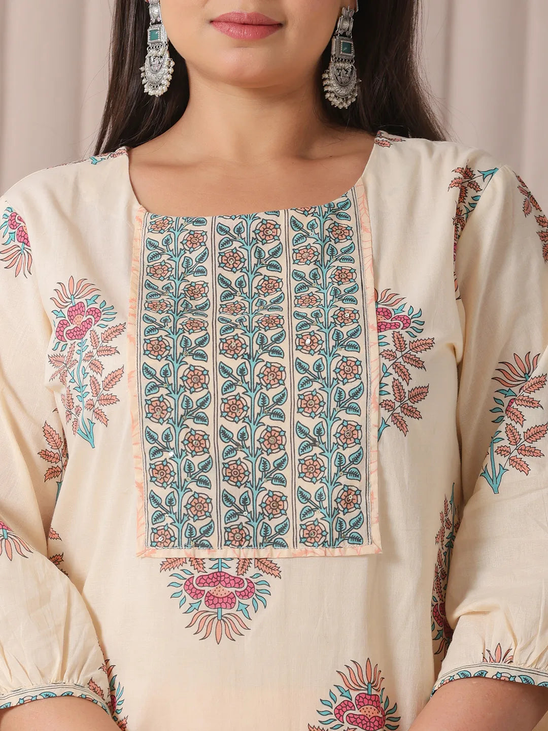 Yufta Yellow Floral Print Cotton Sequins Work Plus Size Kurta Set With Pant & Dupatta - Distacart