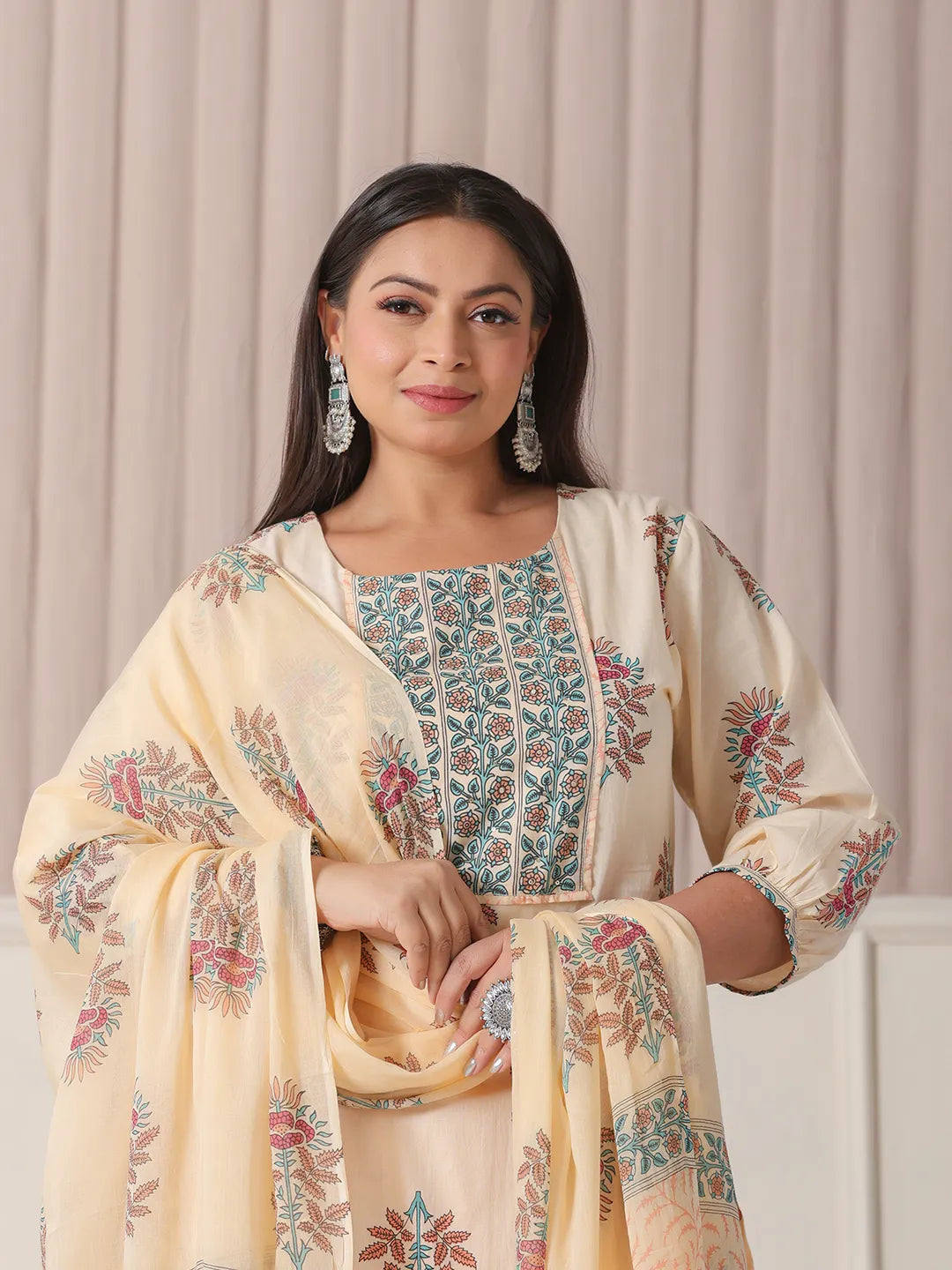 Yufta Yellow Floral Print Cotton Sequins Work Plus Size Kurta Set With Pant & Dupatta - Distacart