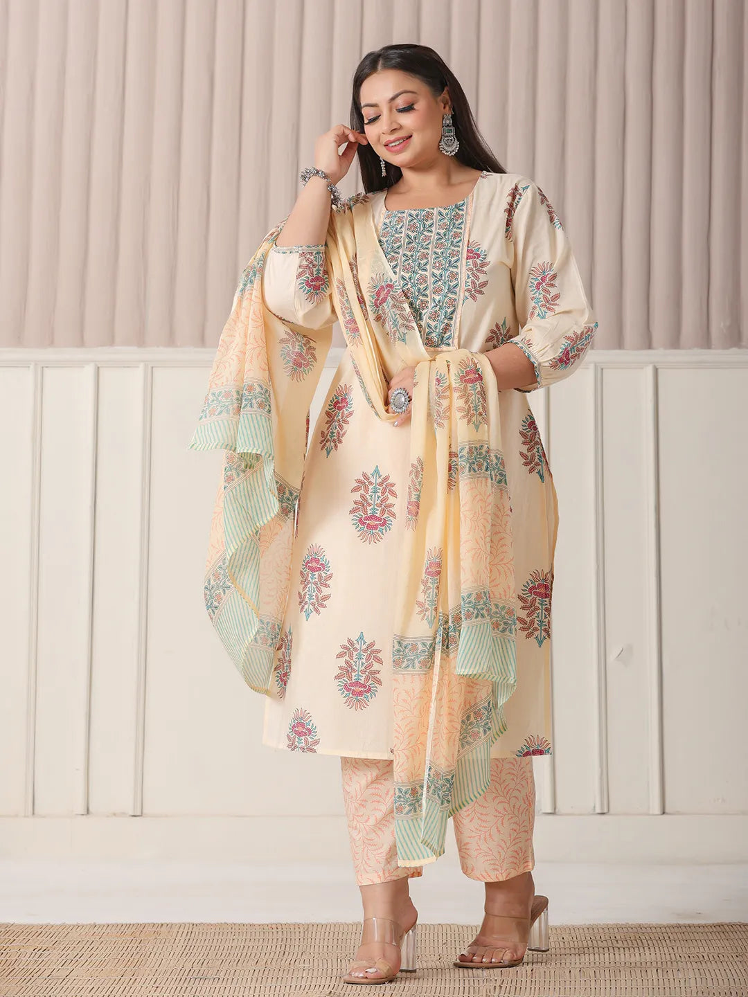 Yufta Yellow Floral Print Cotton Sequins Work Plus Size Kurta Set With Pant & Dupatta - Distacart