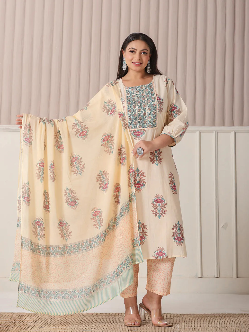 Yufta Yellow Floral Print Cotton Sequins Work Plus Size Kurta Set With Pant & Dupatta - Distacart