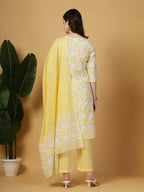 Yufta Yellow Floral Print Straight Kurta Trouser Dupatta Set - Distacart