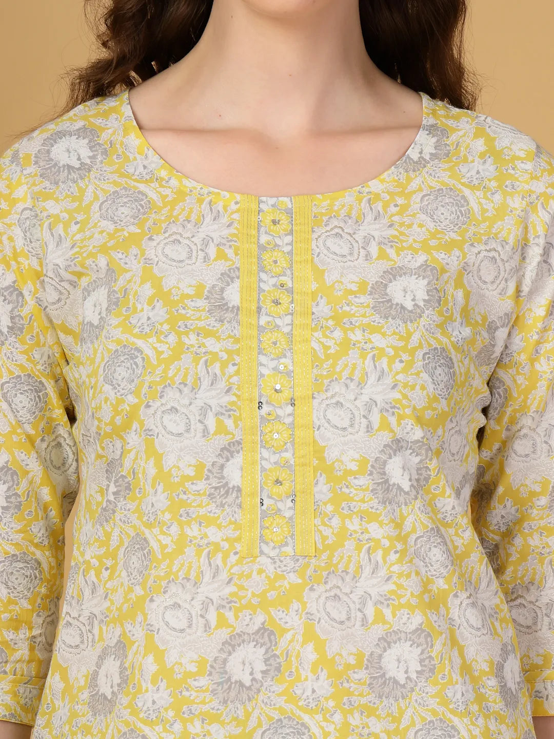 Yufta Yellow Floral Print Straight Kurta Trouser Dupatta Set - Distacart