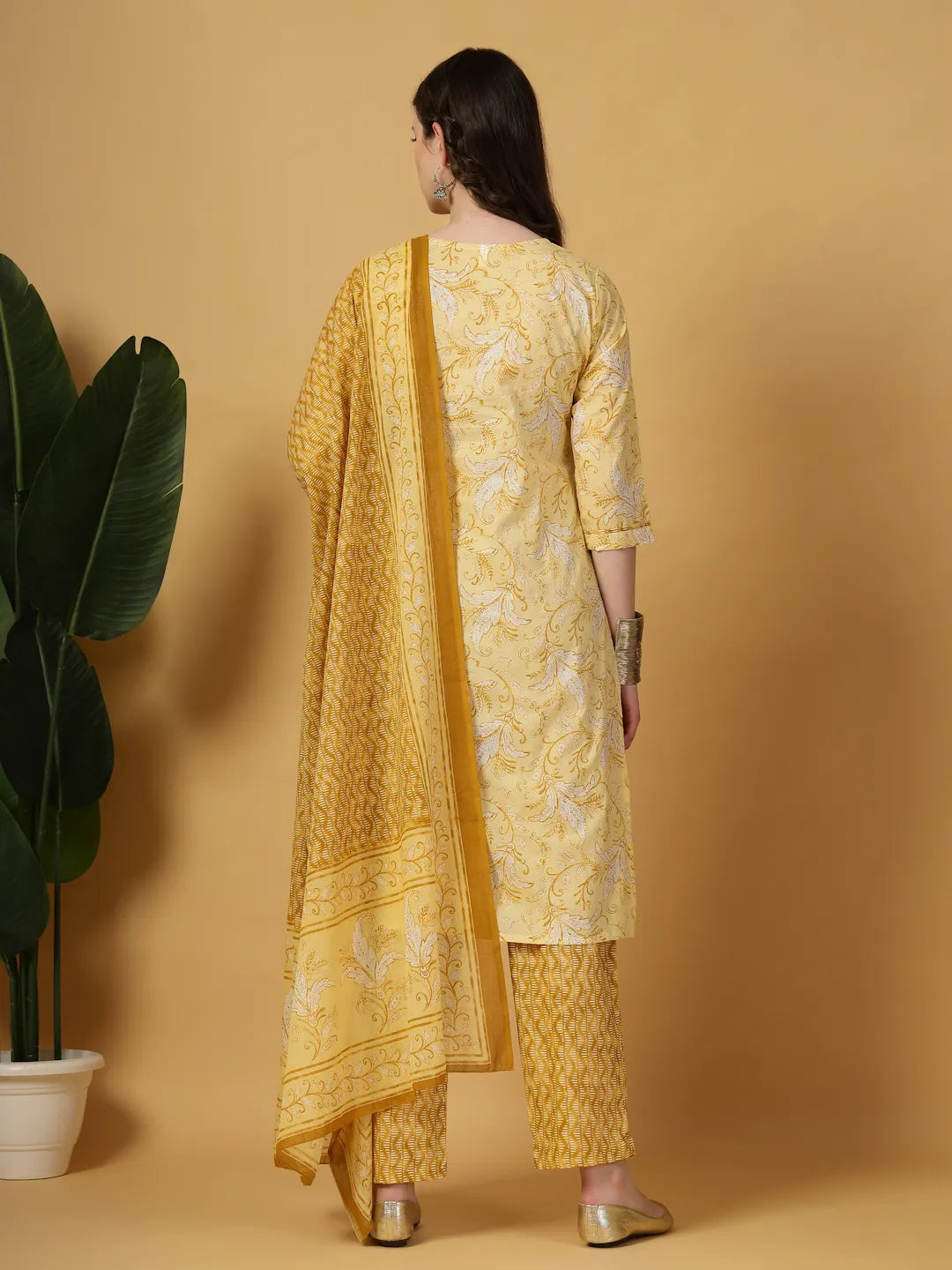 Yufta Yellow Floral Print Thread-Work Straight Kurta Trouser Dupatta Set - Distacart