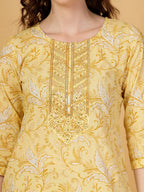 Yufta Yellow Floral Print Thread-Work Straight Kurta Trouser Dupatta Set - Distacart