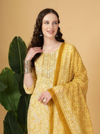 Yufta Yellow Floral Print Thread-Work Straight Kurta Trouser Dupatta Set - Distacart