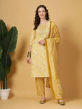 Yufta Yellow Floral Print Thread-Work Straight Kurta Trouser Dupatta Set - Distacart