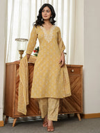 Yufta Yellow Floral Thread Work Straight Kurta Trouser Dupatta Set - Distacart