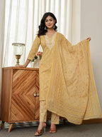 Yufta Yellow Floral Thread Work Straight Kurta Trouser Dupatta Set - Distacart